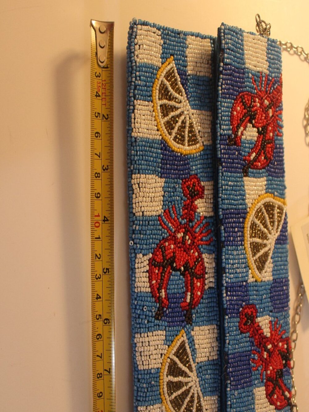 SOL and MER Blue Gingham Lobster & Lemon Beaded Chain Clutch